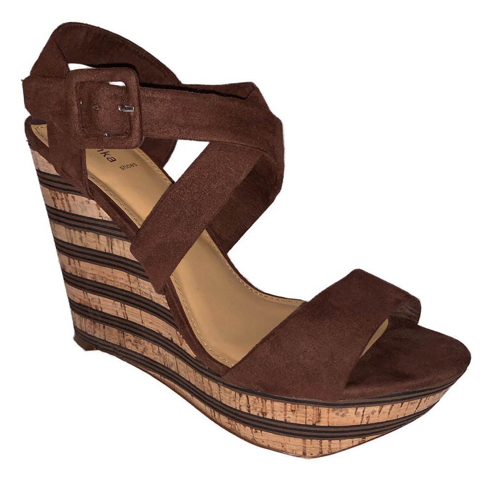 Bershka Brown Suede Cork Wedge Sandals